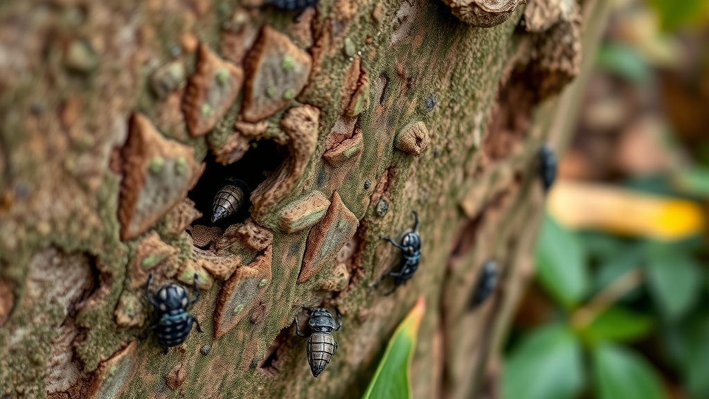 Macro view of tree bark showing D-shaped exit holes and scale insects tree health monitoring Missouri
