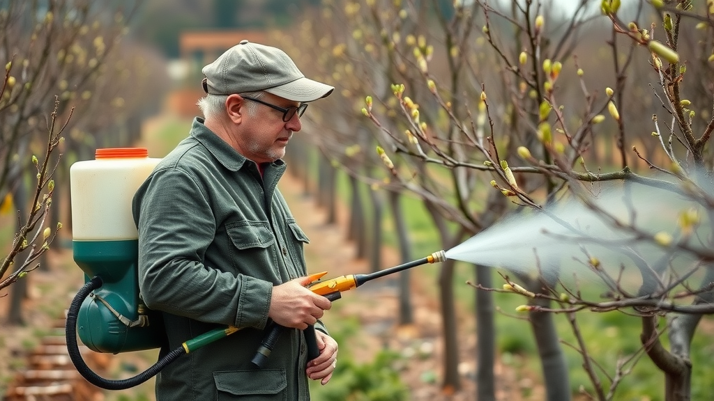 dedicated gardener spraying dormant oil on fruit trees, tree spray application, early spring orchard, tree care, healthy fruit trees