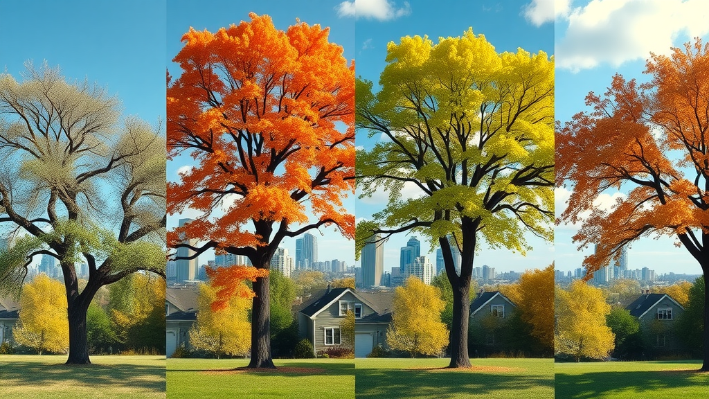 Kansas City trees through changing seasons, four-panel illustration, city skyline and neighborhood backdrop in each segment