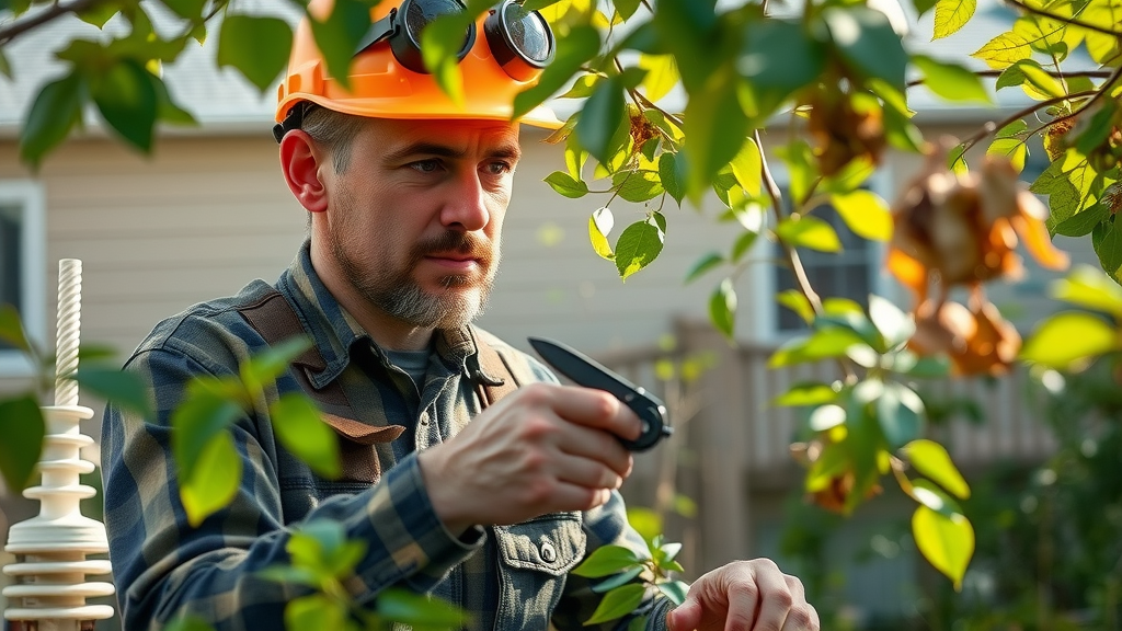 Experienced arborist examines diseased branch in residential Kansas City; arborist services Kansas City
