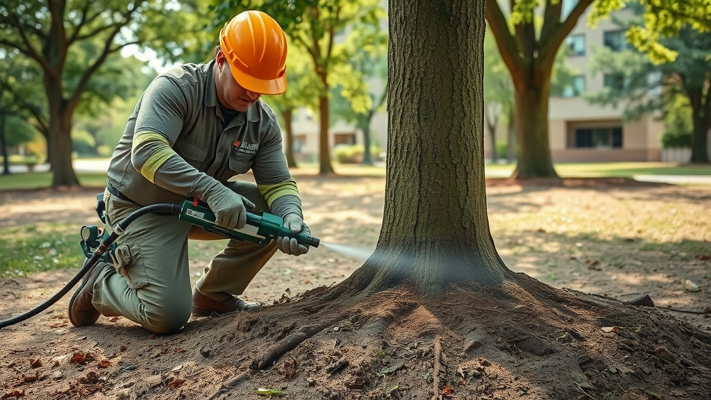 certified arborist performing deep root fertilization near a tree base in a Kansas City park, urban trees and healthy soil visible, photorealistic, specialized injection equipment being used, high detail, active process