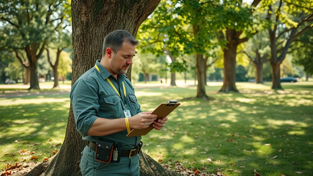 certified arborist with clipboard assessing infested ash tree for proper insecticide treatment method