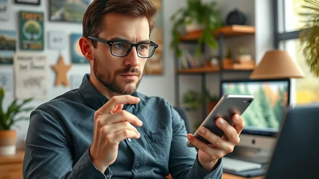 ISA certified arborist credentials - smartphone with reviews, person comparing tree service companies at home in Kansas City, plants and memorabilia in background