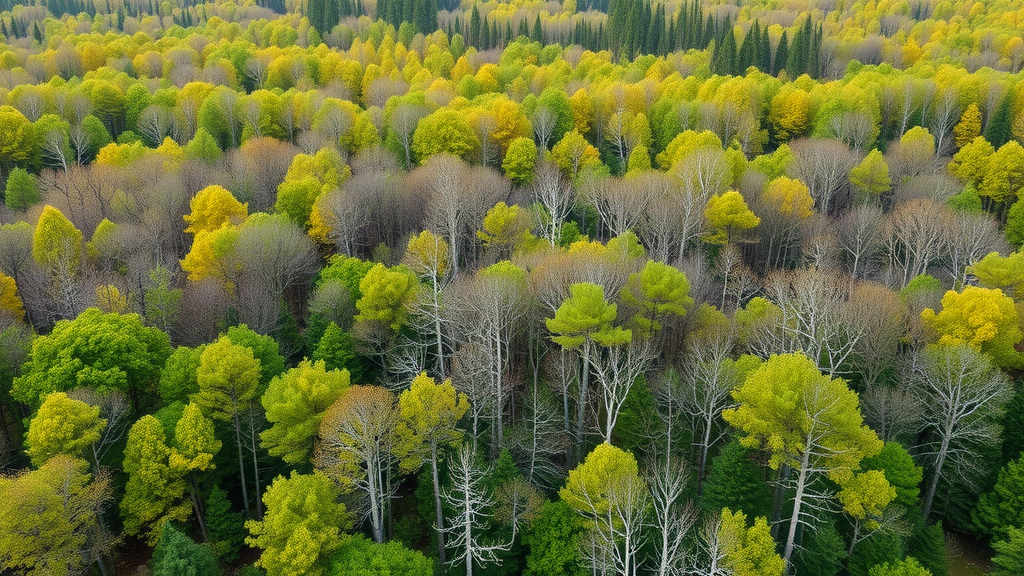 Emerald ash borer lifecycle impact contrasting healthy and dying ash trees in North America, highlighted by vibrant greens and browns, panoramic view