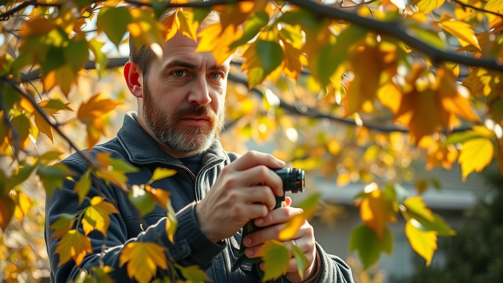 Certified arborist inspecting tree branches with equipment, analyzing leaves and bark, Kansas City backyard, vibrant seasonal foliage, photorealistic
