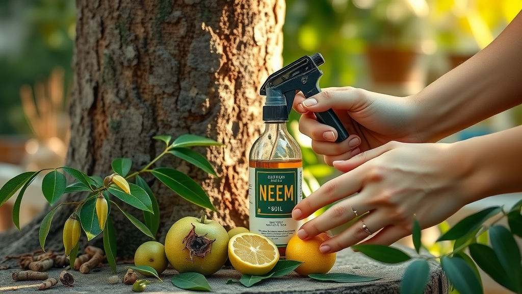Neem oil used as environmentally safe tree spray; fruit, neem leaf, bottle, and gardener