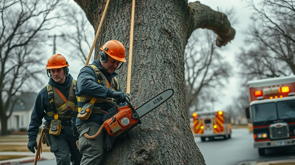 Licensed arborists in safety gear removing large storm-damaged tree, Kansas City suburban street, emergency vehicles in background, photorealistic
