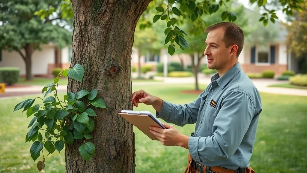 certified arborist in Kansas City conducting tree health assessment in yard, inspecting tree trunk and leaves, Photorealistic High Fidelity Lifelike, hands-on inspection