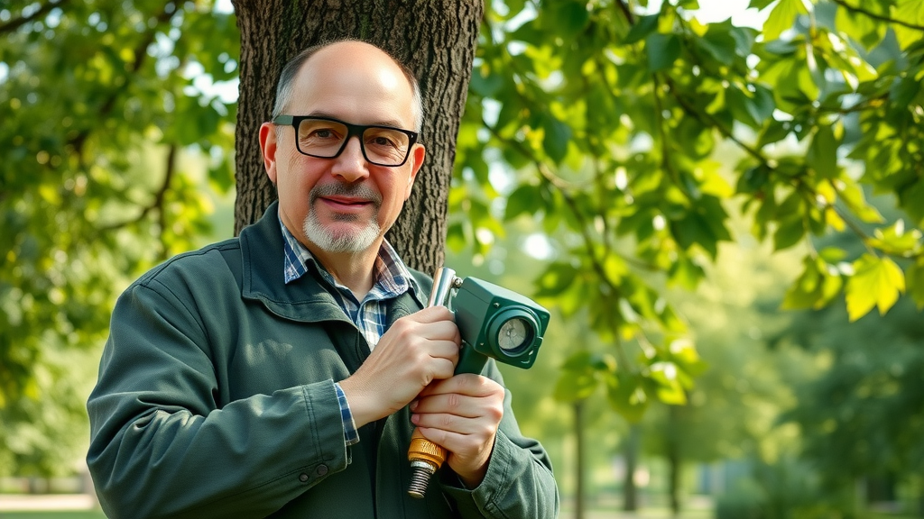 Certified arborist inspecting Kansas City hardwood tree for pest issues.