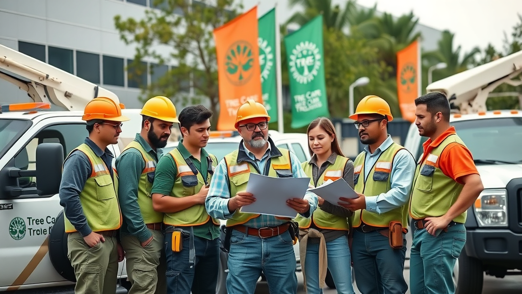Team of professional tree care and spraying company arborists preparing for service near company trucks