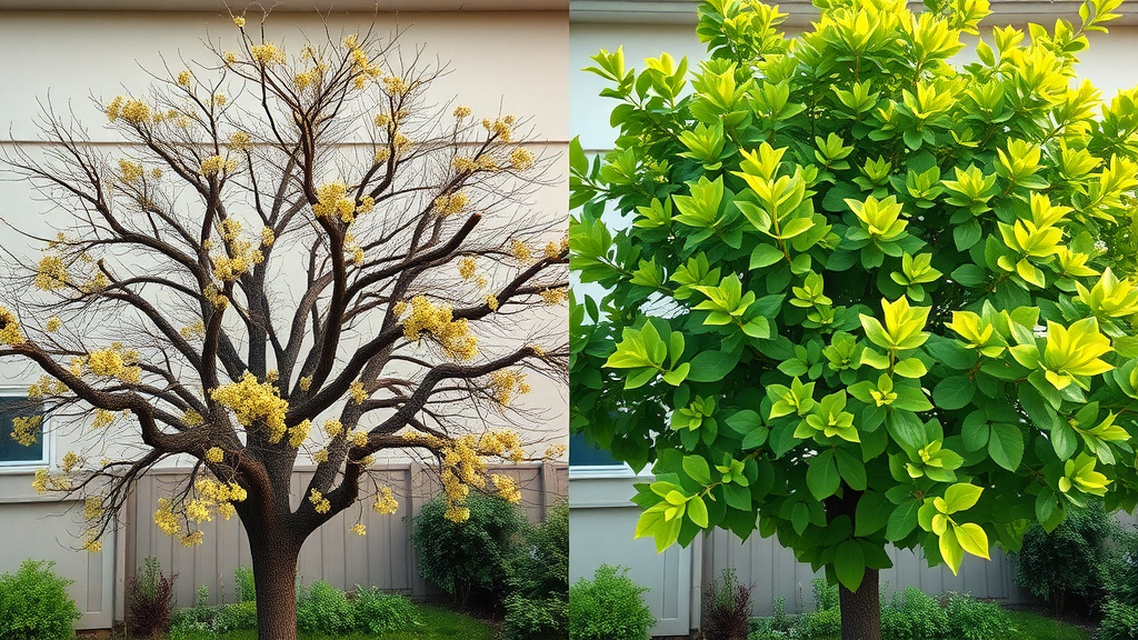 Comparison of unhealthy sparse tree and healthy green tree after annual tree health assessments in Kansas City