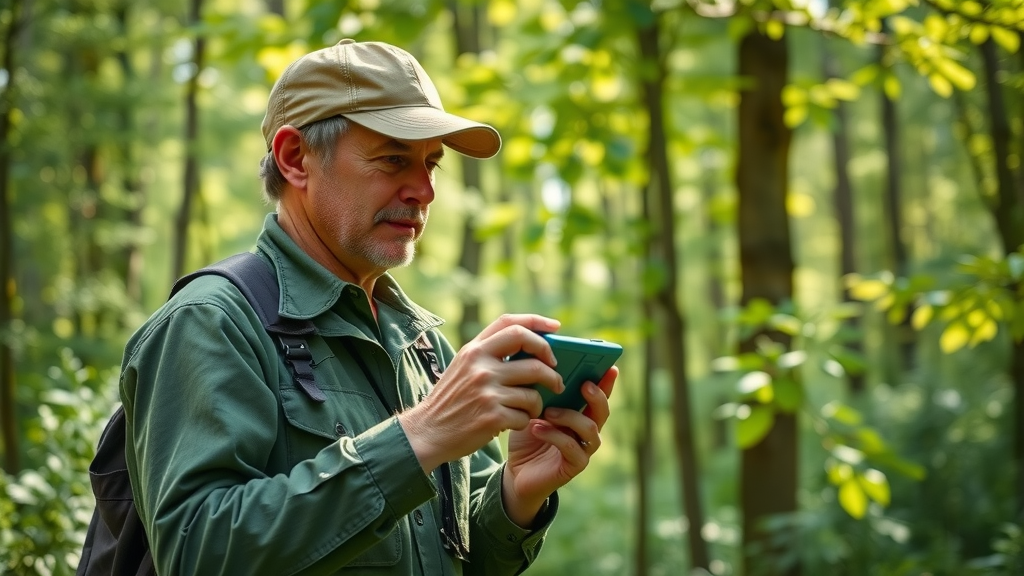 forest researcher using diagnostic monitoring tools for emerald ash borer identification in North American deciduous forest