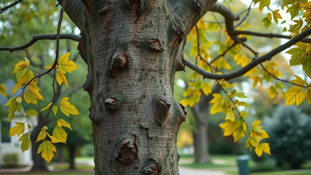 ash tree removal Kansas City dying ash tree with bark splitting and emerald ash borer infestation
