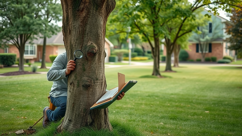 Professional arborist monitoring ash tree for signs of emerald ash borer damage, highlighting routine preventing ash borer damage checks