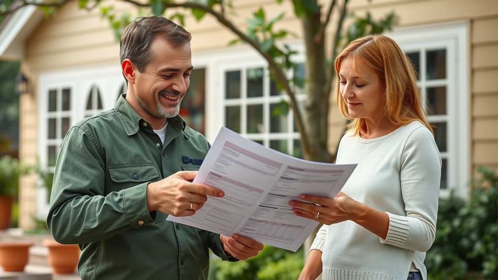 Certified arborist in Kansas City consulting with homeowner, reviewing tree care service quote documents, friendly and transparent.