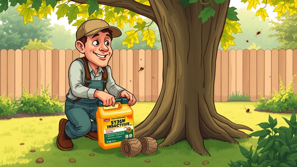 DIY homeowner applying systemic insecticide to ash tree base for emerald ash borer control Kansas City