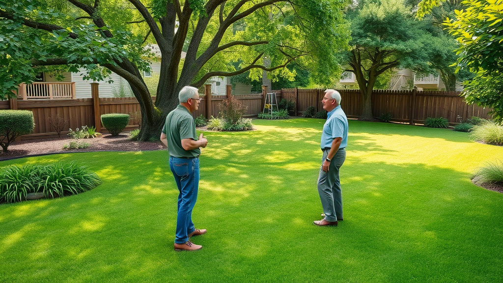 vibrant, well-maintained Kansas City lawn with robust trees, homeowner and arborist discussing soil health, harmonious plant diversity, photorealistic