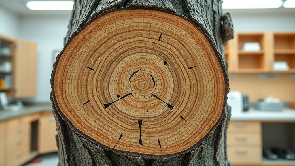 cross-section of ash wood: S-shaped emerald ash borer larval galleries visible just under bark