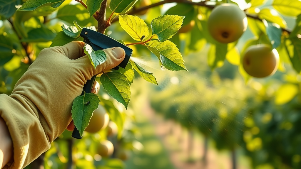 Gardener spraying fruit tree with environmentally safe tree spraying; healthy leaves, visible beneficial insects, orchard background, sunlight, spray droplets captured midair