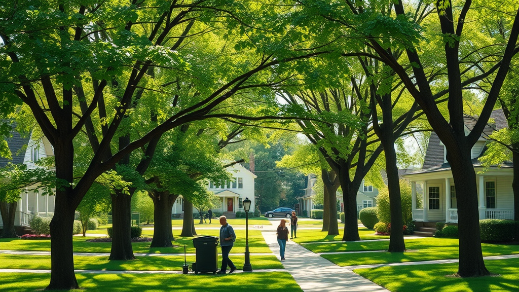 verdant Kansas City suburban neighborhood with healthy mature trees and residents walking along shaded sidewalks - tree pathology Kansas City