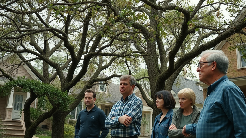 Dramatic Kansas City neighborhood with worried homeowners observing damaged, pest-infested trees. Urban trees show wilting and leaf loss due to pests.