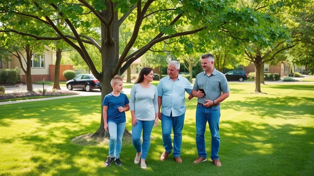 Kansas City family and arborist admiring healthy robust trees, thriving lawn, satisfied results