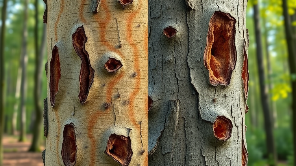 Close-up image: healthy vs infested ash tree trunk, emerald ash borer signs, annual tree inspection KC
