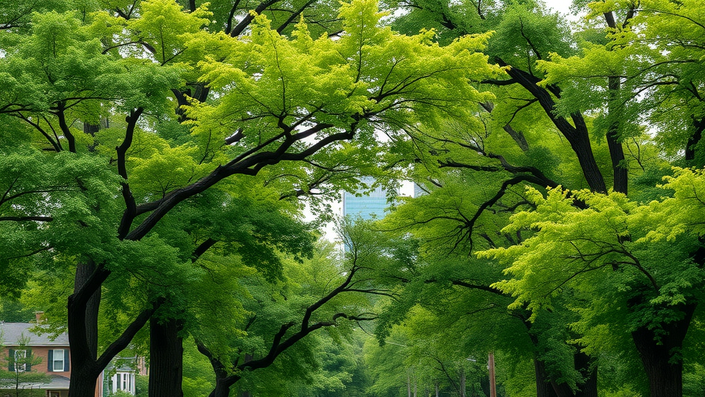 Lush, mature Kansas City urban trees with healthy vibrant foliage lining a residential street, Kansas City skyline in the background