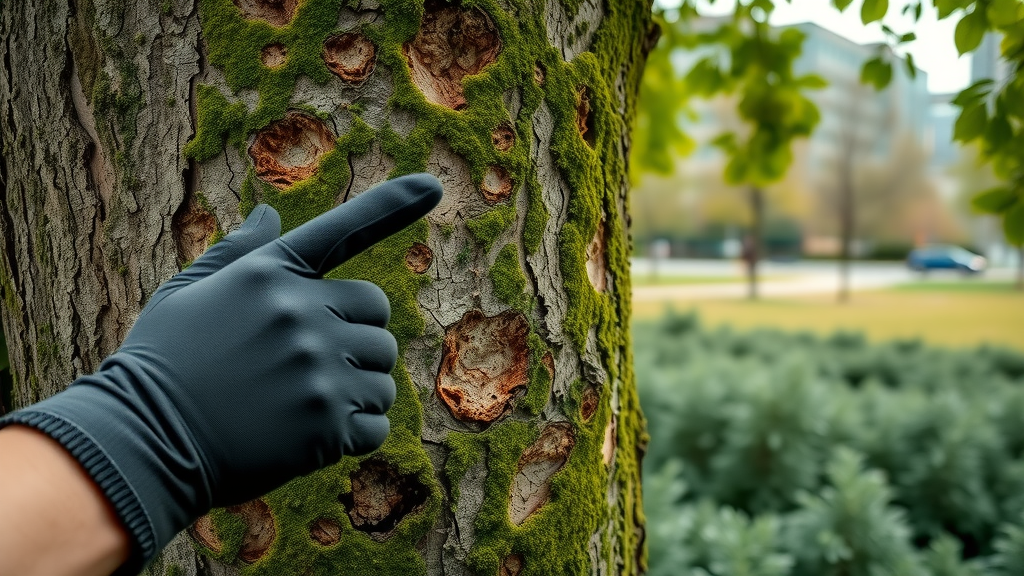 close-up of tree bark with cankers and fungal fruiting bodies, arborist pointing, Kansas City urban park, dew on leaves, photorealistic