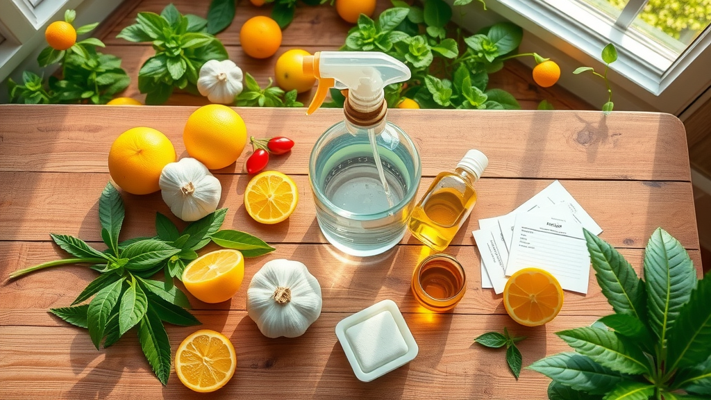 Homemade environmentally safe tree spraying ingredients: citrus, garlic, soap, neem oil on wooden table, spray bottle, recipe cards visible, kitchen garden background