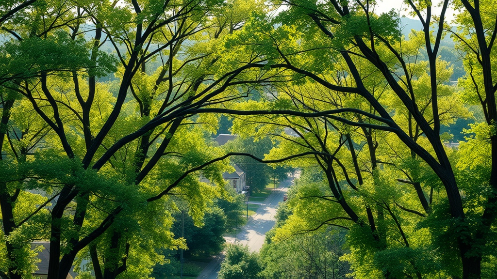 lush urban Kansas City neighborhood with healthy vibrant trees, thriving cityscape, residential homes, and leafy streets, Photorealistic High Fidelity Lifelike, soft natural sunlight