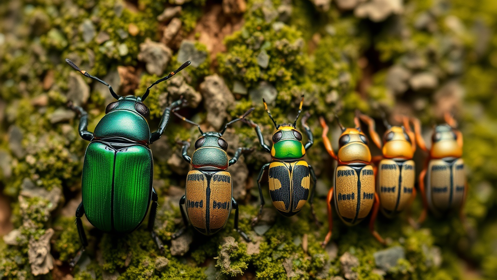 close-up comparison of emerald ash borer vs other beetles, highlighting metallic green color and D-shaped exit holes