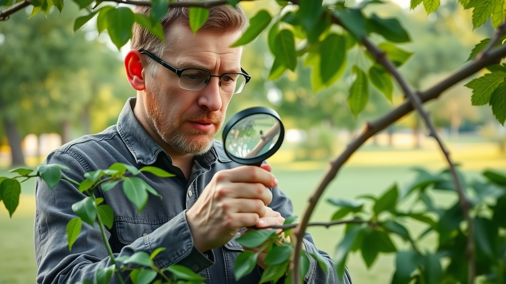 arborist inspecting a Kansas City tree for pests using magnifying glass, IPM inspection