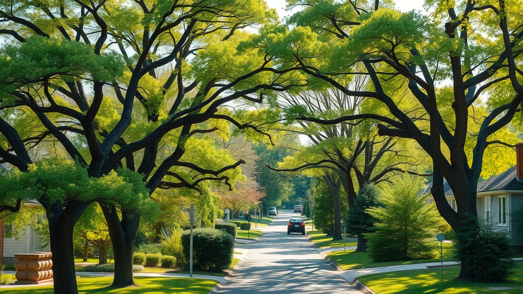 vibrant suburban Kansas City neighborhood with mature oaks and maples, healthy green canopies contrasting with a few visibly declining trees, tree spraying services Kansas City, sunlit, DSLR quality
