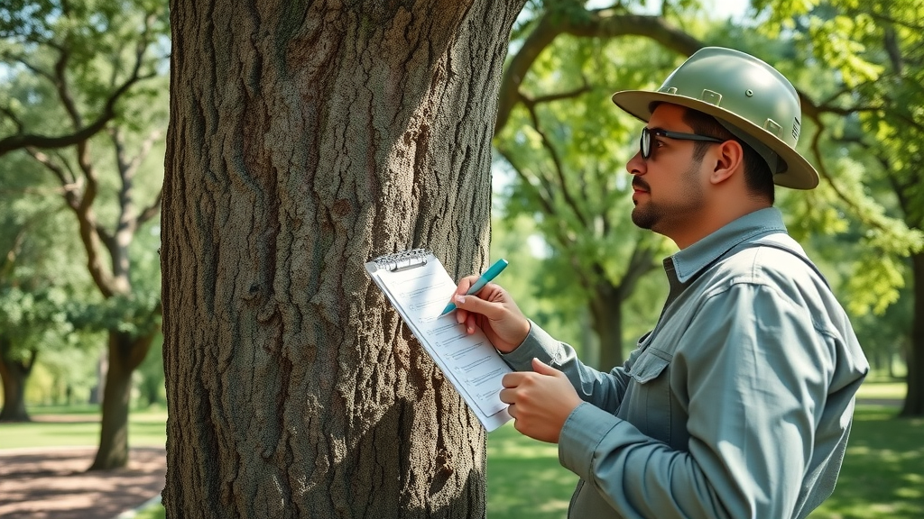 Professional arborist inspecting a mature oak tree tree health monitoring Missouri