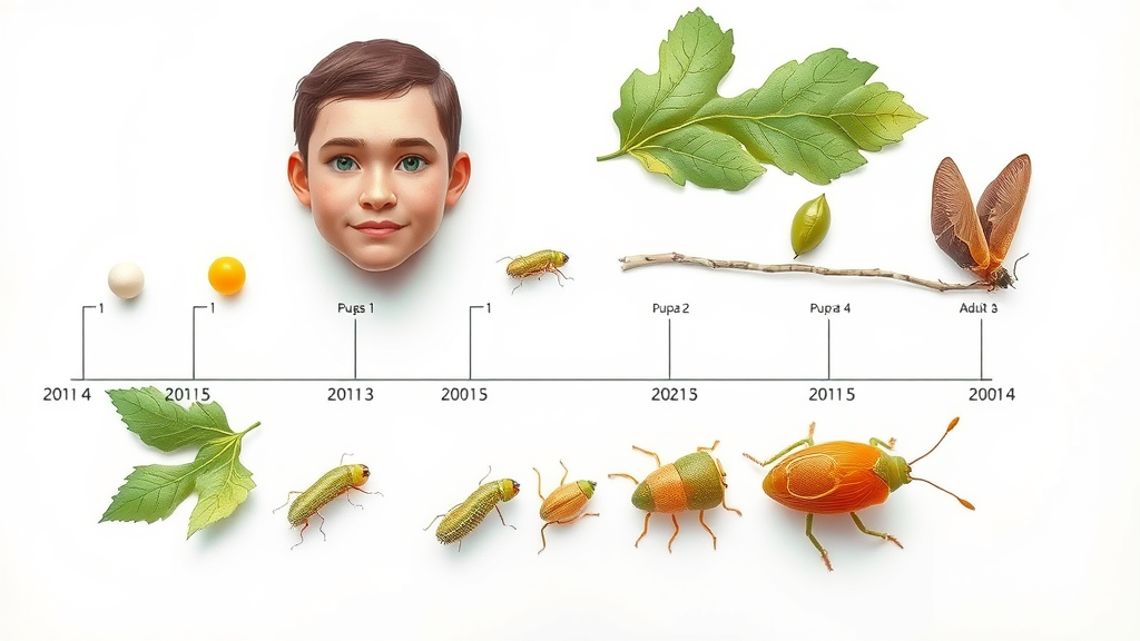 emerald ash borer life cycle stages from egg, larva, pupa to adult, detailed scientific illustration