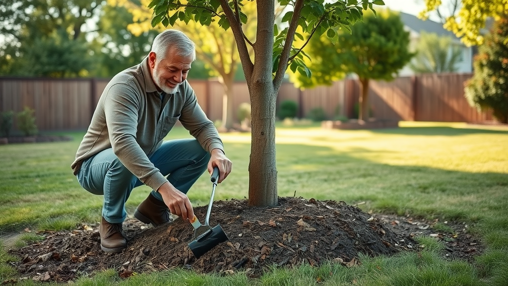 local homeowner applying mulch around young tree base in Kansas City yard - tree care service Kansas City