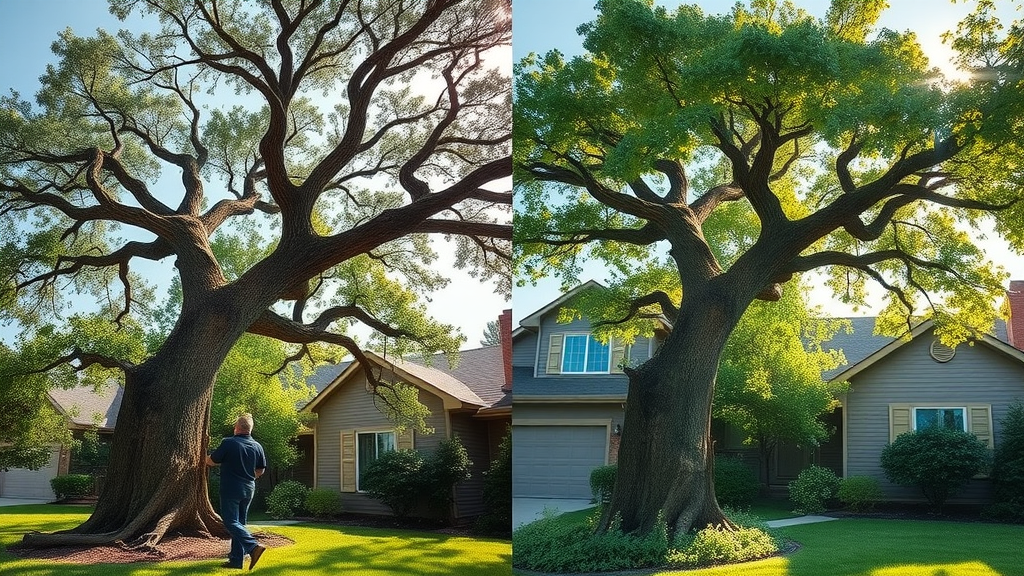Before and after: Damaged tree leaning toward home vs healthy secured after annual tree inspection KC