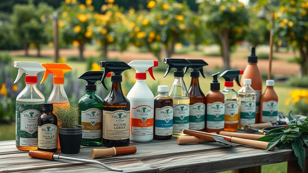 organized display of labeled spray bottles and garden supplies, tree spray products, garden center, seasonal spraying tips