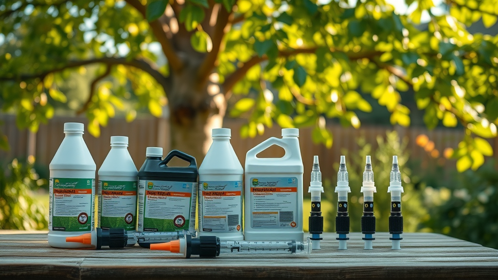 labeled bottles of emamectin benzoate, imidacloprid, trunk injection equipment, rapid ash borer insecticide treatments near healthy ash trees