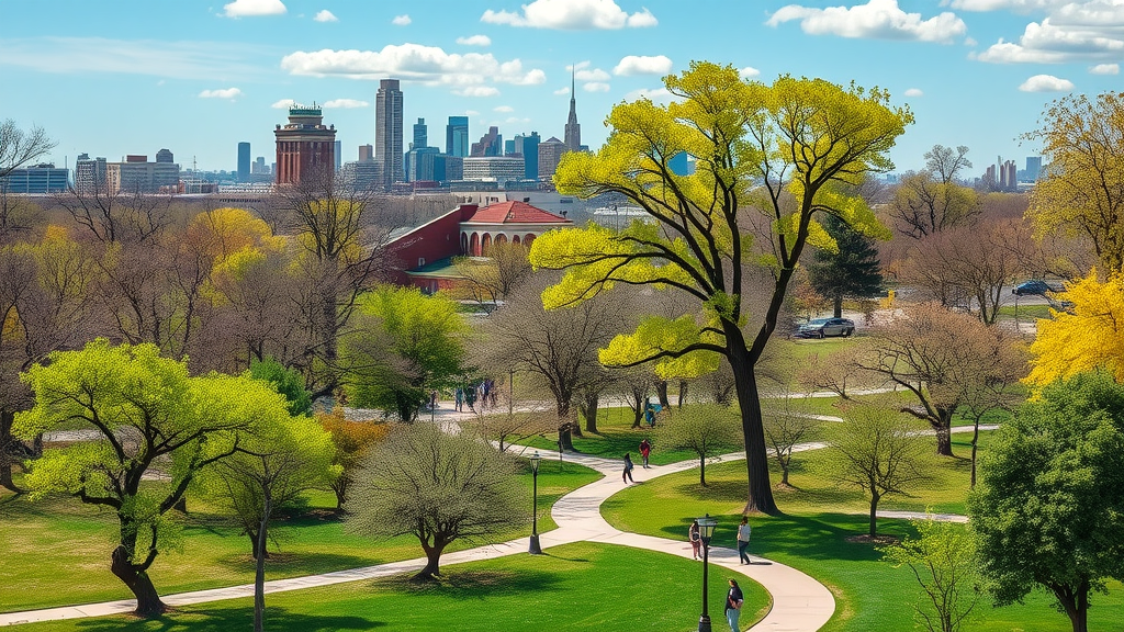Diverse urban Kansas City park with native and ornamental trees, city skyline, and peaceful atmosphere