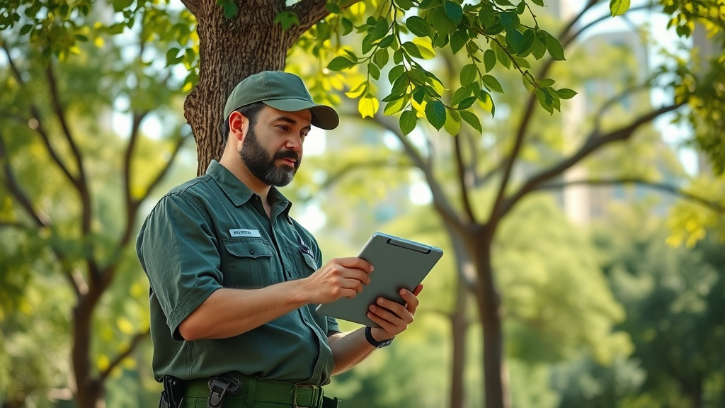 ISA certified arborist inspecting healthy tree in Kansas City urban landscape; arborist services Kansas City