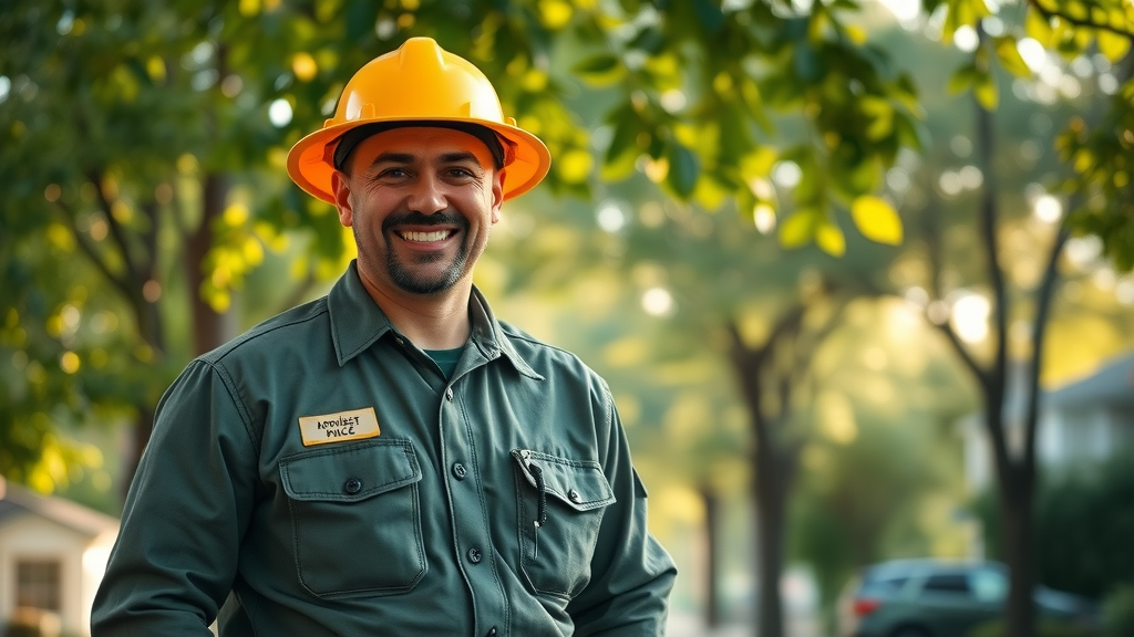 Certified arborist wearing protective gear and uniform standing beside healthy trees in a Kansas City neighborhood