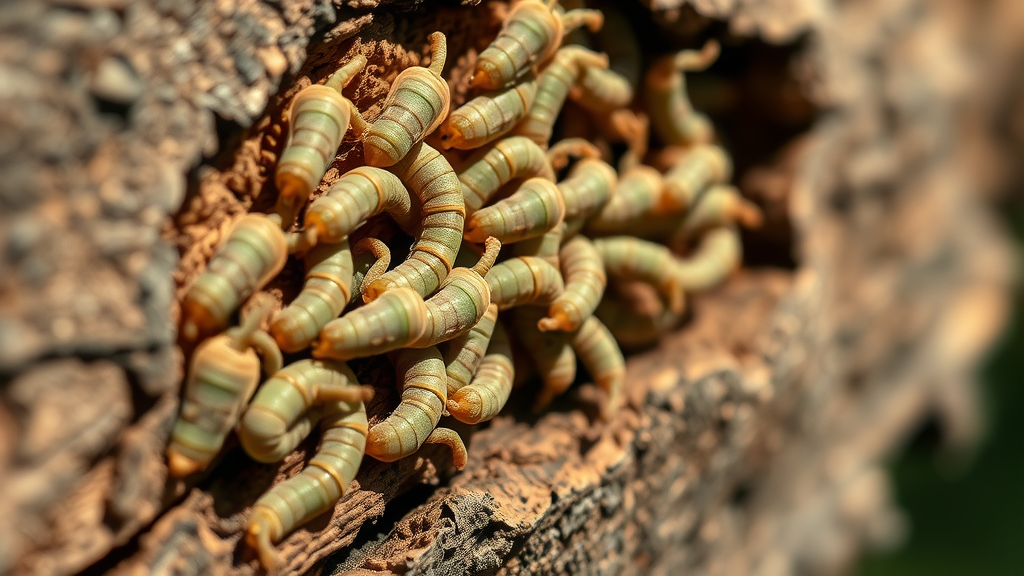 close-up emerald ash borer larvae, tree spraying services Kansas City, tree trunk cross-section, macro detail