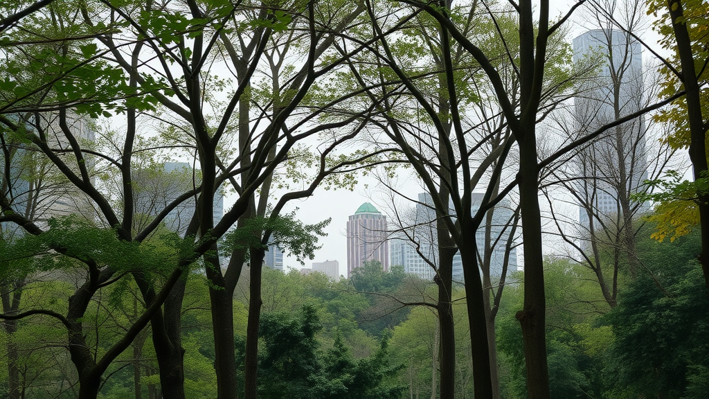 tree disease identification Kansas City - photorealistic urban forest showing diseased trees, yellowed and wilting leaves, somber city park