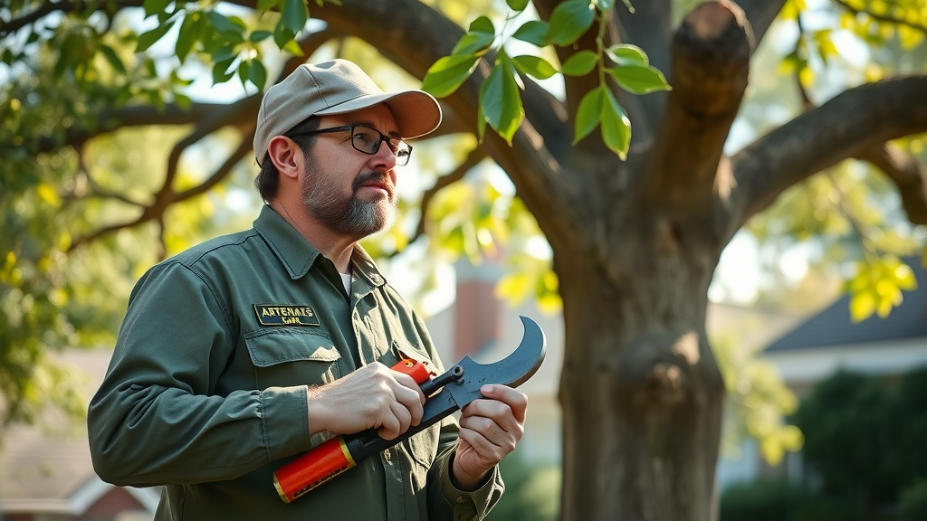 Knowledgeable Kansas City arborist in uniform, holding pruning tool, observing large oak in residential Kansas City block, highly detailed, morning sunlight