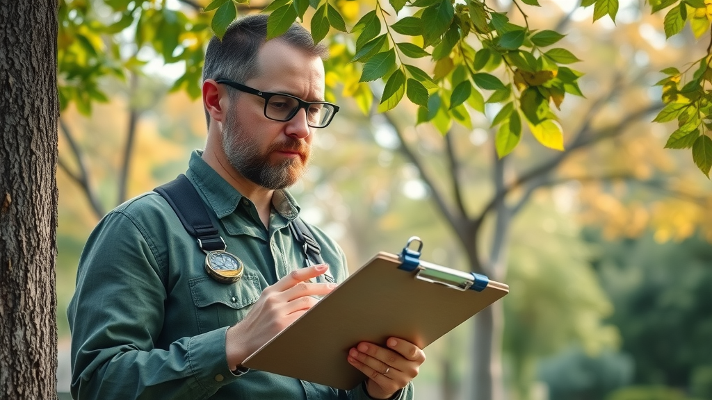 Professional arborist inspecting tree bark and leaves with diagnostic tools in a Kansas City suburb