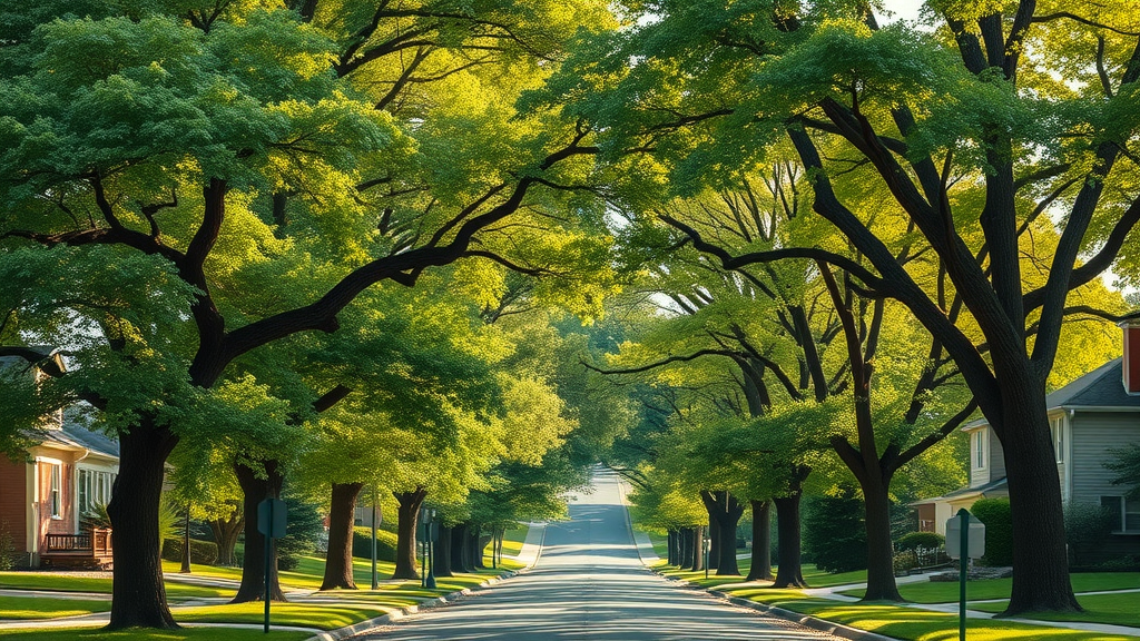 lush Kansas City neighborhood street lined with mature, healthy trees vibrant foliage