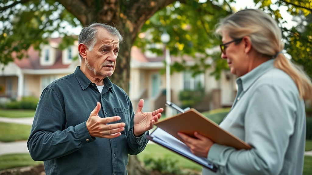 worried homeowner and insurance adjuster assessing emerald ash borer damage to ash tree in Kansas City suburb