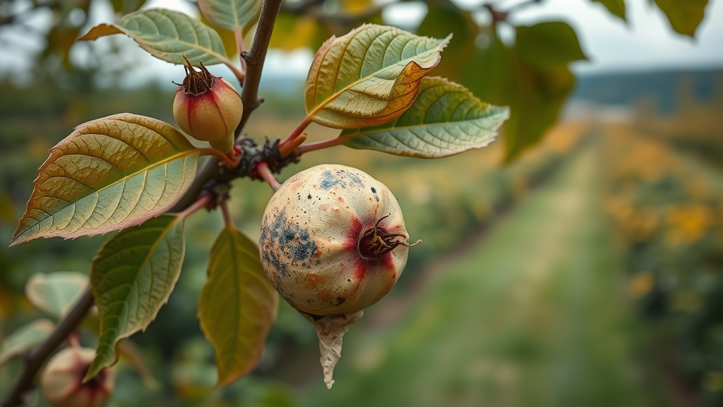 close-up of a diseased fruit tree branch, signs of fire blight, withered leaves, oozing canker, tree spraying for diseases, orchard, tree care
